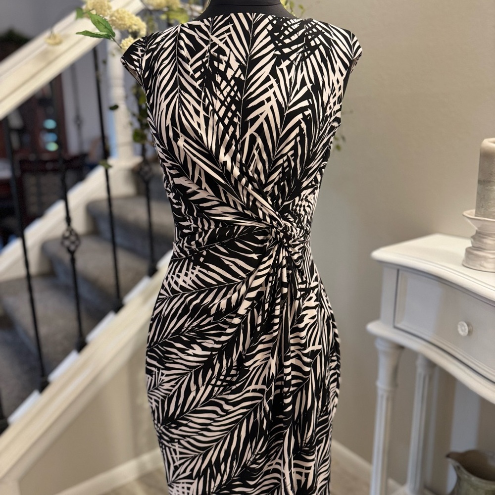 Ralph Lauren Black and Cream Leaf Print Midi Dress